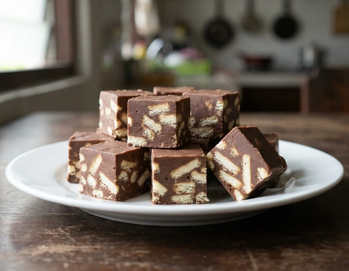 Susunan potongan kek batik coklat menunjukkan corak biskut Marie pada permukaan potongan
