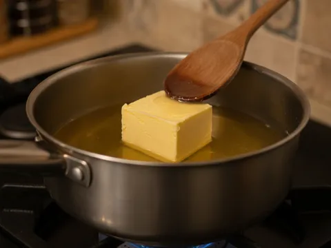 Butter mencair perlahan dalam periuk keluli di atas dapur, permukaan masih tenang tanpa buih