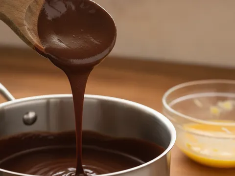 Adunan coklat pekat mengalir turun dari senduk kayu ke dalam periuk, menunjukkan kepekatan yang betul