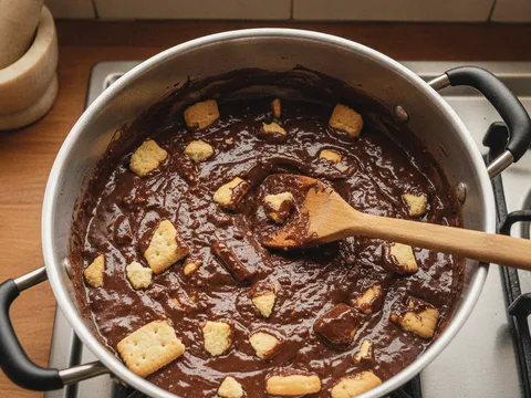 Kepingan biskut Marie bersalut adunan coklat pekat dalam periuk, sebahagian kepingan masih ketara bentuknya