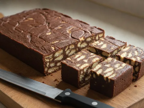 Kek batik yang telah set dipotong kiub dengan pisau, permukaan potongan menampakkan corak biskut Marie dalam coklat