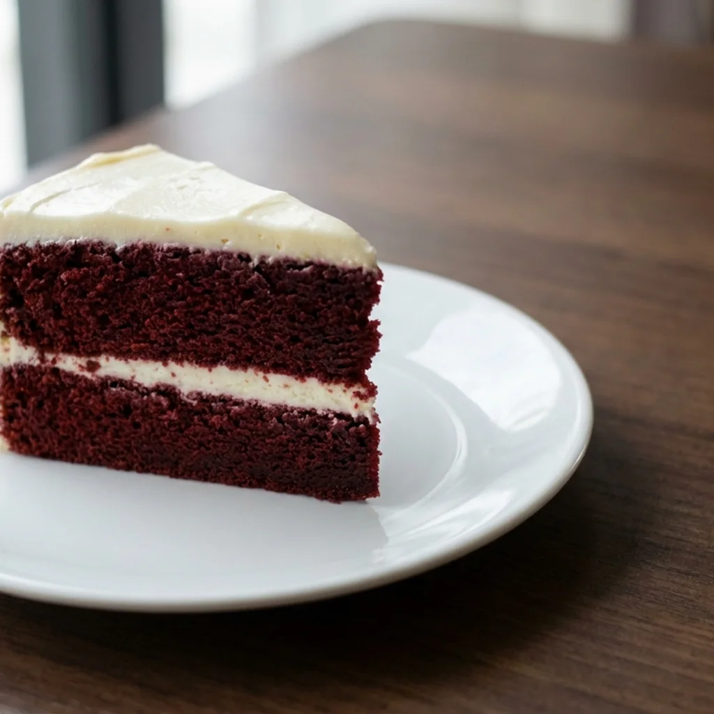 Sepotong kek red velvet dua lapis berwarna merah gelap dengan frosting krim keju putih di antara lapisan dan di keliling kek, di atas pinggan putih