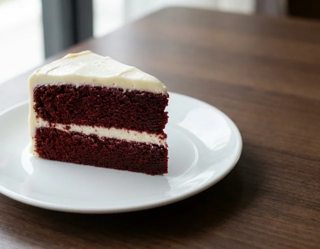 Sepotong kek red velvet dua lapis berwarna merah gelap dengan frosting krim keju putih di antara lapisan dan di keliling kek, di atas pinggan putih