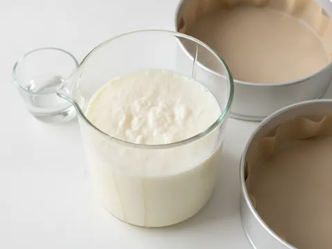 Susu segar bercampur cuka di dalam jag kaca sehingga berketul halus, bersebelahan dua loyang bulat berlapik kertas baking
