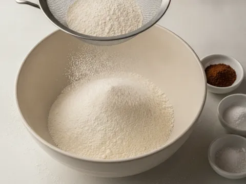 Tepung kek dan serbuk koko diayak melalui penapis halus ke dalam mangkuk besar sehingga menjadi serbuk gebu berwarna coklat muda