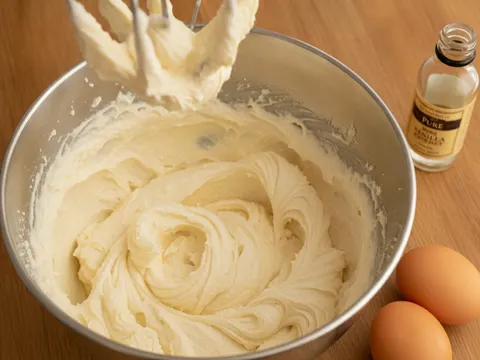 Mentega dan gula kastor dipukul dengan pengadun sehingga menjadi krim pucat dan kembang dalam mangkuk logam