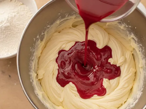 Buttermilk berwarna merah dituang ke dalam adunan kek dalam mangkuk pengadun, meninggalkan pusaran merah di atas adunan pucat