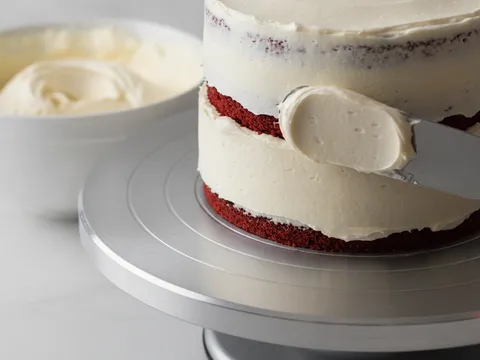Frosting krim keju putih disapu dengan spatula pada badan kek red velvet dua lapis di atas pemutar kek