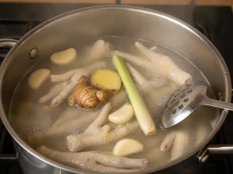 Kaki ayam direbus dalam periuk bersama ketukan halia, bawang putih dan serai