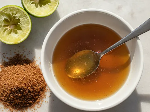 Sos ikan, gula melaka parut dan jus limau nipis dikacau dalam mangkuk kecil sehingga gula larut