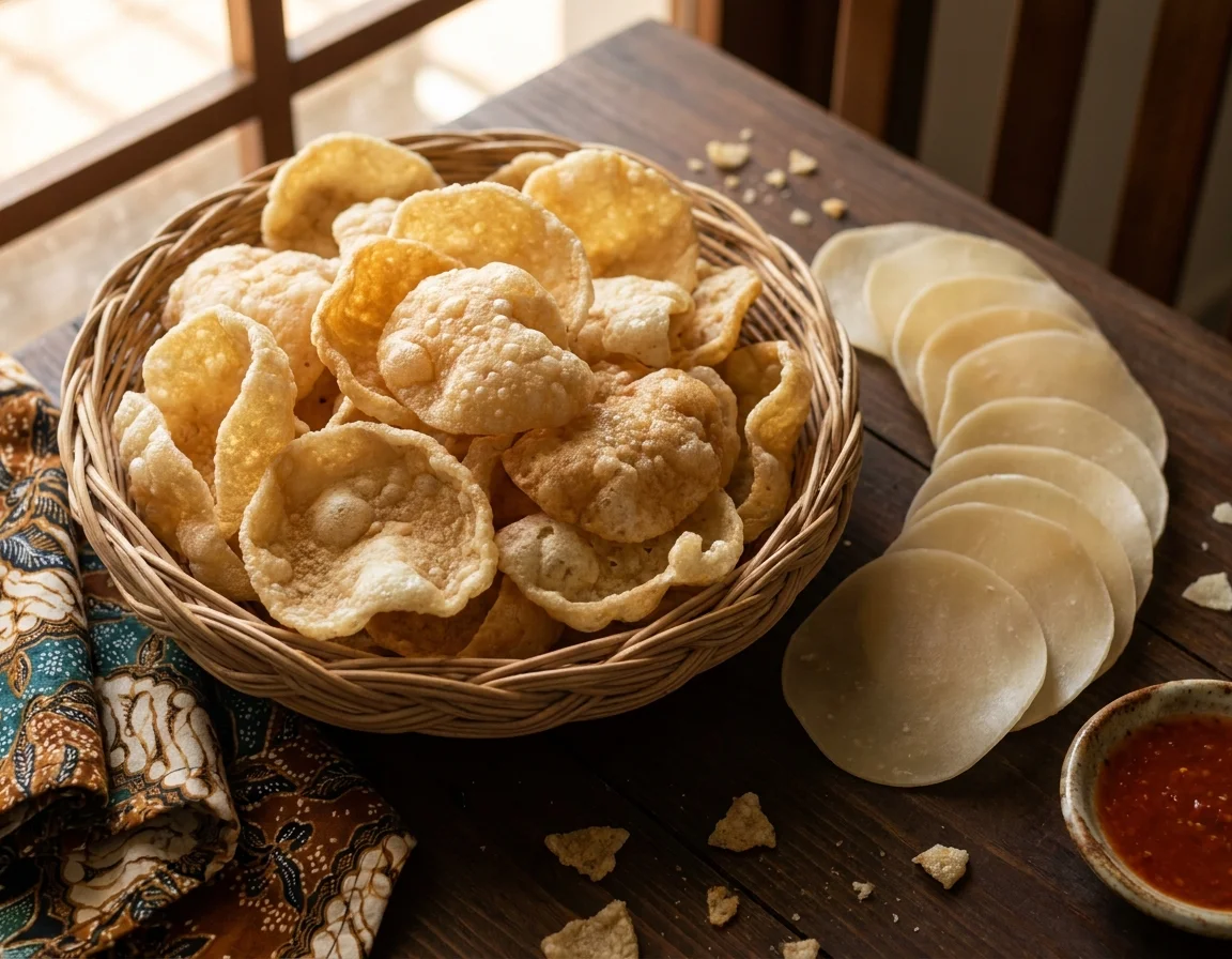 Keropok ikan keping yang telah digoreng kembang dan keemasan di dalam bakul anyaman, bersebelahan kepingan keropok kering yang masih nipis