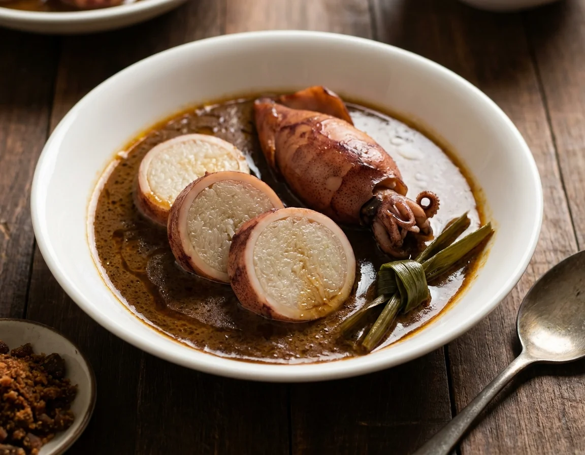 Ketupat sotong dihiris bulat menampakkan pulut padat di dalamnya, direndam kuah santan gula melaka pekat berwarna perang dalam mangkuk putih