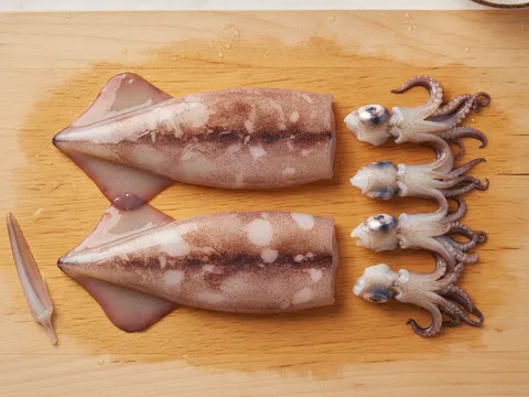 Sotong segar disiang di atas papan pemotong dengan kepala dan sesungut diasingkan di sebelah badan sotong yang telah dicuci