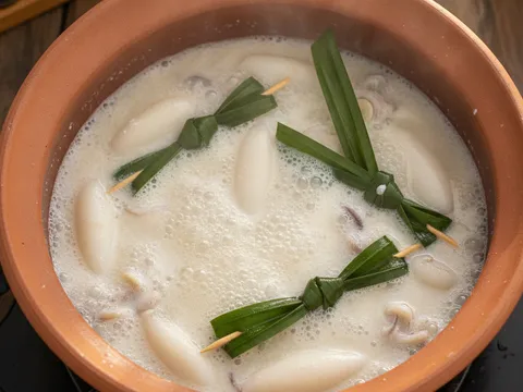 Sotong bersumbat pulut diturunkan satu per satu ke dalam periuk berisi kuah santan mendidih dengan daun pandan bersimpul