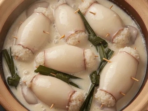 Sotong bersumbat pulut direneh dalam kuah santan yang menggelegak perlahan sehingga badannya mengecut dan padat