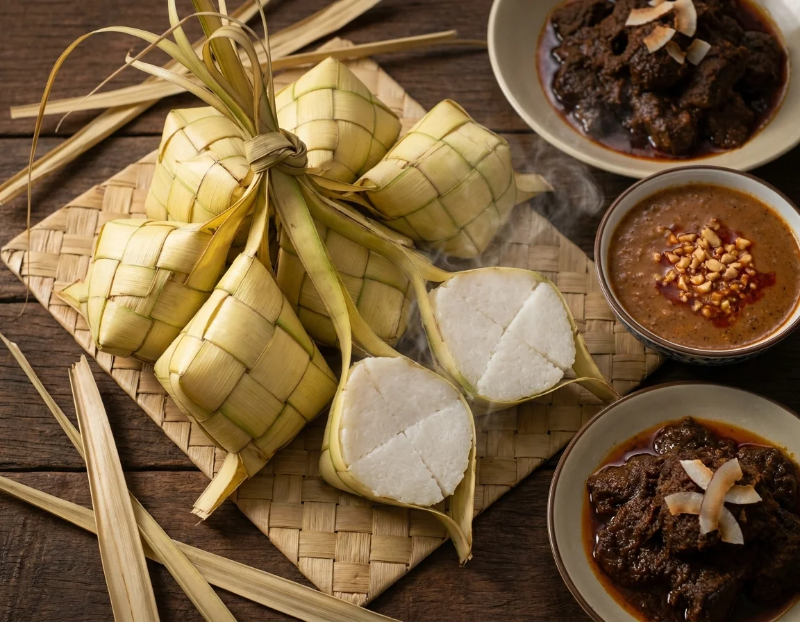 Ketupat nasi dalam sarung anyaman daun kelapa diikat berangkai, dua biji dibuka menampakkan nasi putih padat, dihidang bersama kuah kacang dan rendang