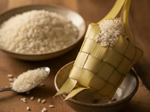 Beras diisi ke dalam sarung ketupat anyaman sehingga dua pertiga penuh menggunakan sudu