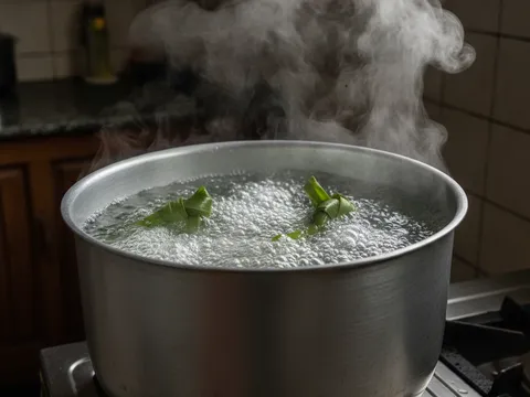 Periuk besar berisi air mendidih menggelegak dengan daun pandan untuk merebus ketupat