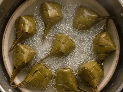 Ketupat anyaman daun kelapa direbus tenggelam dalam periuk besar air mendidih
