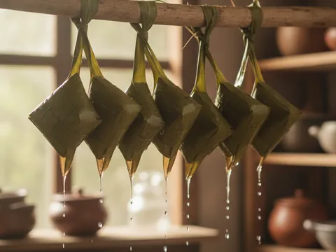 Ketupat yang telah direbus diikat berangkai dan digantung untuk ditoskan dan disejukkan