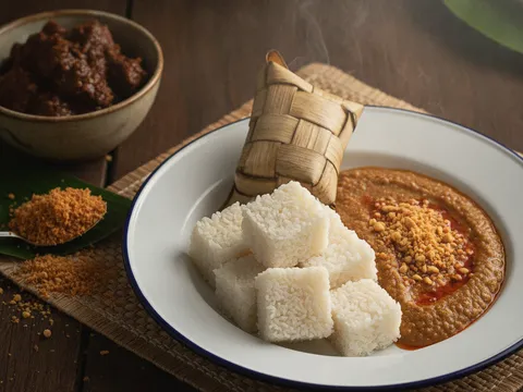 Kiub ketupat nasi dihidang bersama kuah kacang dan rendang daging untuk juadah Raya