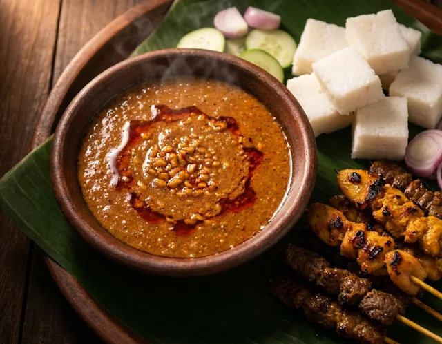 Kuah Kacang Malaysia pekat berwarna coklat-oren dalam mangkuk tanah, satay ayam dan daging di tepi, ketupat putih dan hirisan timun di sekeliling