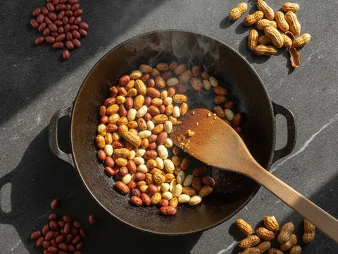Kacang tanah merah disangai tanpa minyak dalam kuali hitam atas api kecil, kacang mula keperangan dan kulit merah pecah-pecah, wap wangi naik