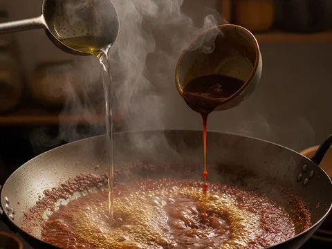 Air dituang ke dalam periuk pes rempah yang pecah minyak, asam jawa coklat pekat dimasukkan, kuah mula mendidih berwarna merah-coklat gelap dan berbau masam-pedas