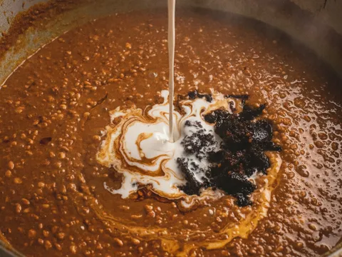 Kuah kacang pekat berwarna coklat-oren gelap dalam periuk, kacang kasar kelihatan dalam kuah, santan dan gula melaka menjadikan kuah berkilat, minyak sedikit terapung di permukaan