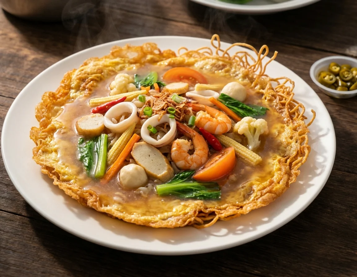 Kuey teow kung fu rangup — kuey teow salut telur digoreng garing tepinya, dicurah kuah pekat berkilat dengan sotong, udang, bebola ikan dan sayur