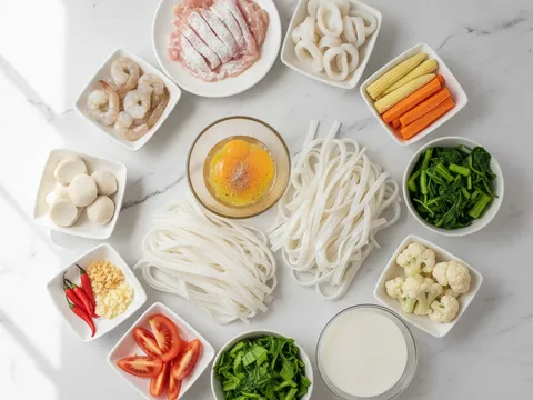 Kuey teow basah yang dileraikan, telur dalam mangkuk kaca, hirisan ayam, sotong, udang, bebola ikan dan sayur bersedia di atas meja