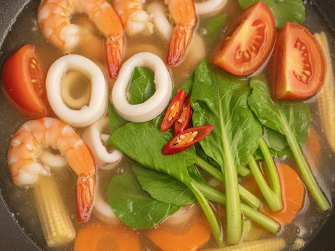 Udang, sotong, sawi hijau, belahan tomato dan cili padi dimasukkan ke dalam kuah yang mendidih