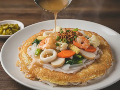 Kuah pekat dicurah ke atas kuey teow garing dan ditabur daun bawang serta bawang goreng, dihidang bersama cili hijau jeruk