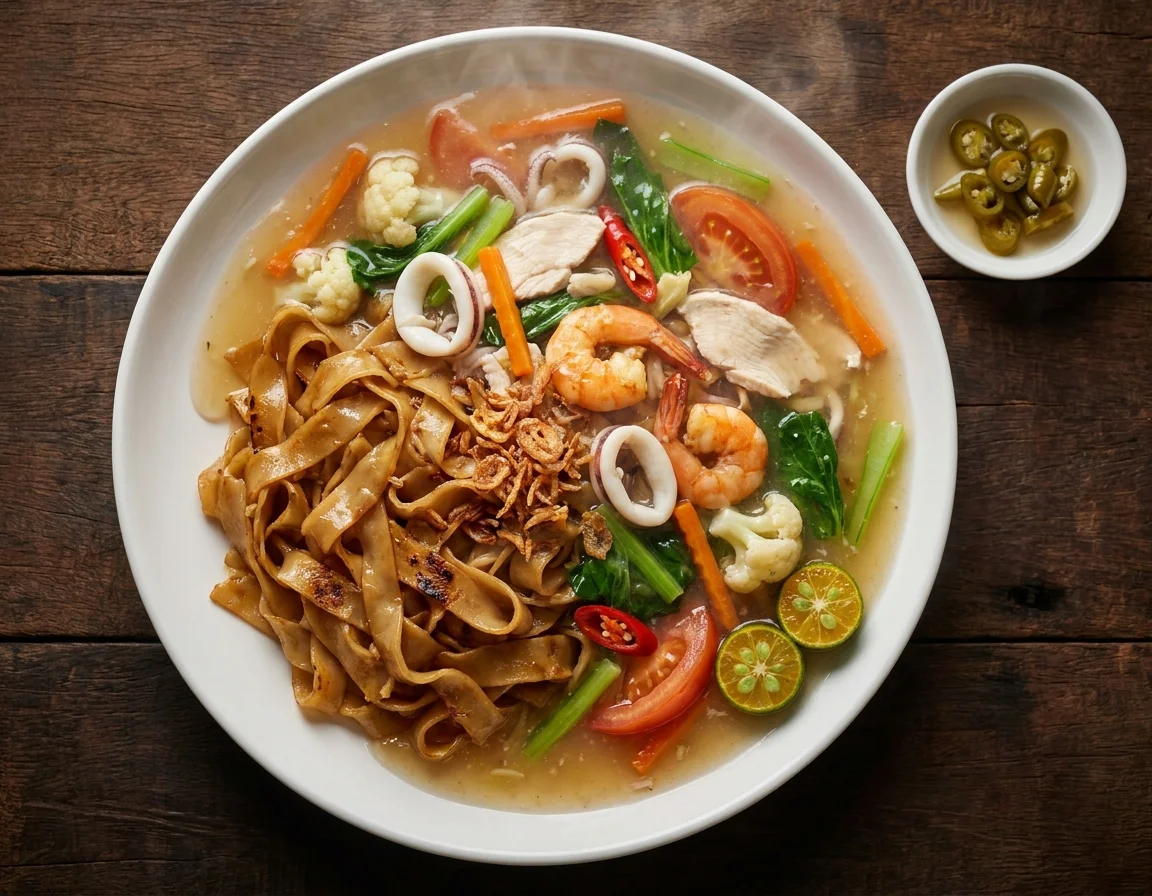 Kuey teow ladna — kuey teow bersalut kicap disiram kuah berkanji pekat berkilat dengan udang, sotong, hirisan ayam, sawi dan lobak merah dalam pinggan putih