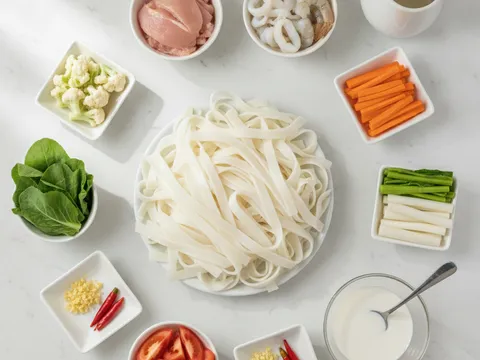 Kuey teow basah yang dileraikan, hirisan ayam, udang, sotong, lobak merah, bunga kobis dan sawi disusun di atas meja bersama mangkuk bancuhan tepung jagung