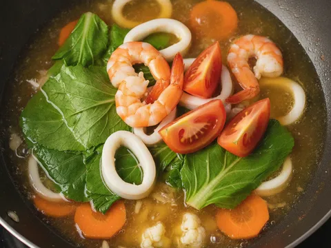 Udang, hirisan sotong, daun sawi dan belahan tomato dimasukkan ke dalam kuah yang mendidih