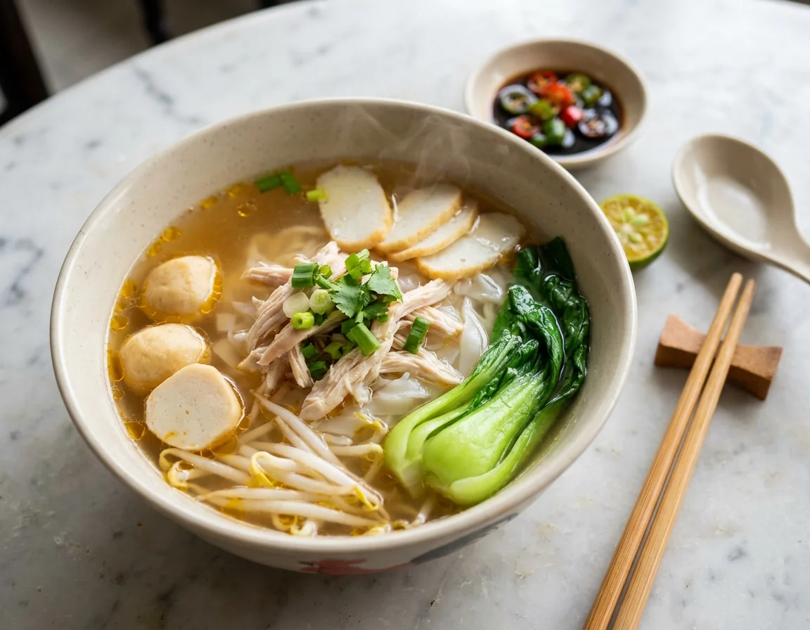 Semangkuk kuey teow theng dalam sup ayam jernih dengan isi ayam carik, bebola ikan, kek ikan, taugeh dan sawi, dititik minyak bawang putih dan ditabur daun bawang, bersama cili kicap di sisi