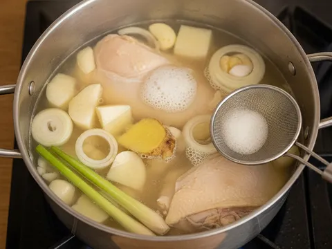 Periuk sup ayam sedang mereneh dengan sengkuang, halia, serai dan bawang, buih putih terkumpul di permukaan kuah yang jernih