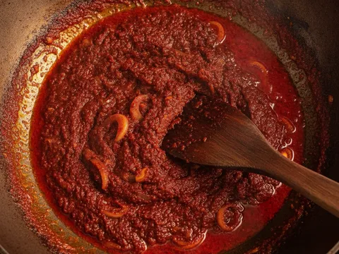 Sambal cili kering ditumis dengan bawang merah dan bawang putih dalam kuali kecil sehingga pecah minyak berwarna merah gelap