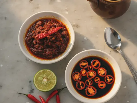 Dua bekas kecil di atas meja berisi sambal cili kering merah dan cili kicap dengan hirisan cili padi serta limau nipis