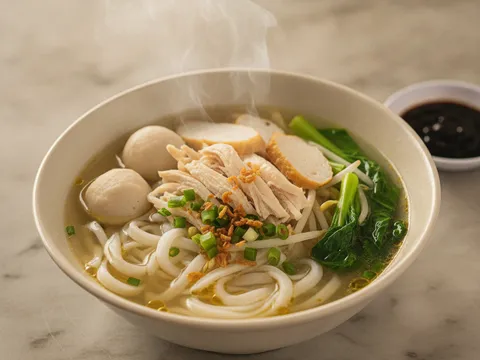 Semangkuk kuey teow theng lengkap dituang sup panas, disusun isi ayam carik, bebola ikan, kek ikan, sawi dan taugeh, dititik minyak bawang putih