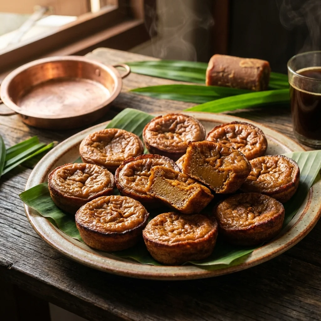 Kuih akok Kelantan berwarna perang gelap dengan permukaan berkedut disusun atas pinggan bersama daun pandan