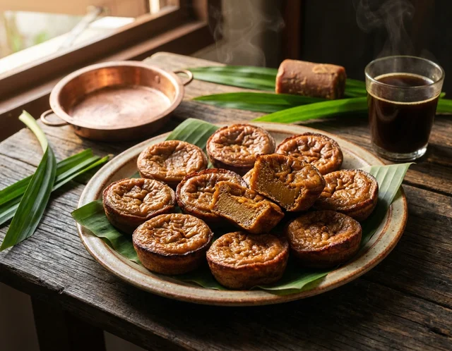 Kuih akok Kelantan berwarna perang gelap dengan permukaan berkedut disusun atas pinggan bersama daun pandan