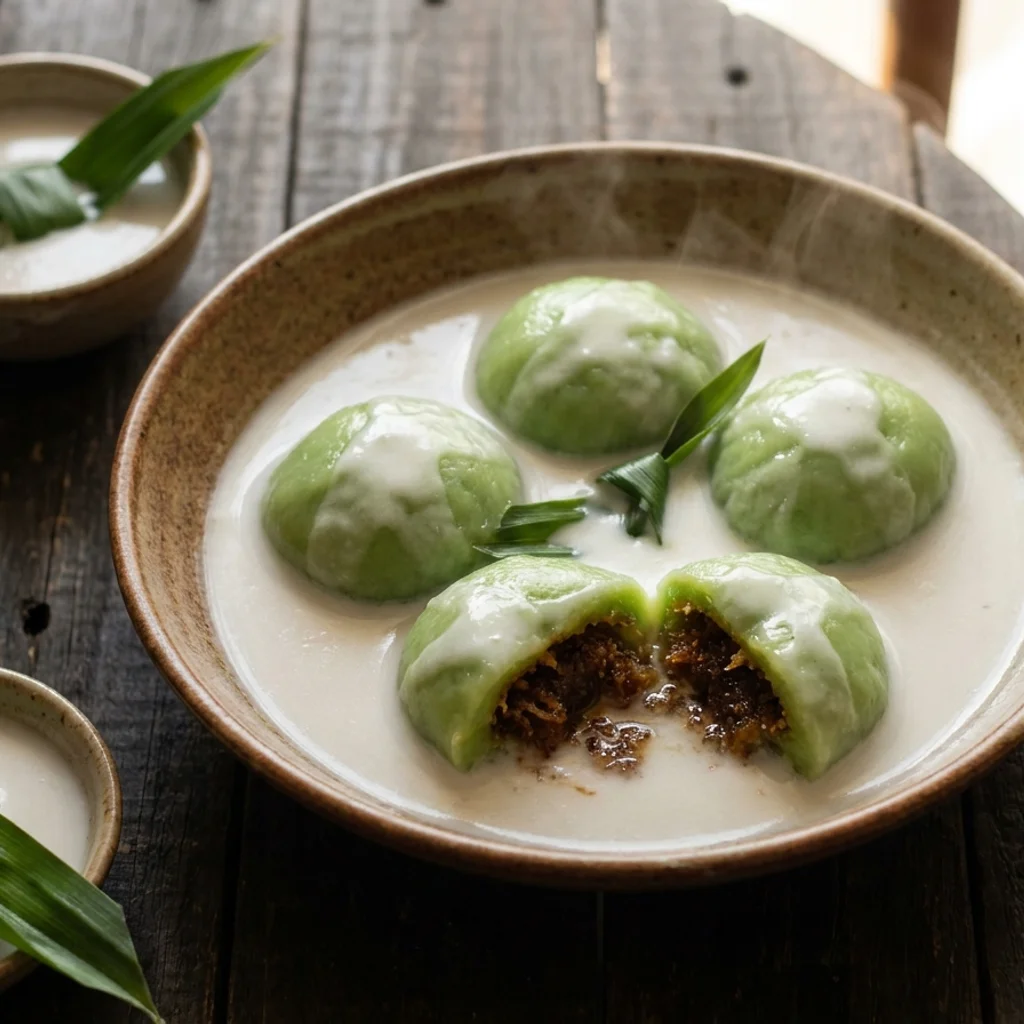 Kuih badak berendam hijau berinti kelapa gula melaka terendam dalam kuah santan putih pekat di dalam mangkuk seramik, dihias daun pandan