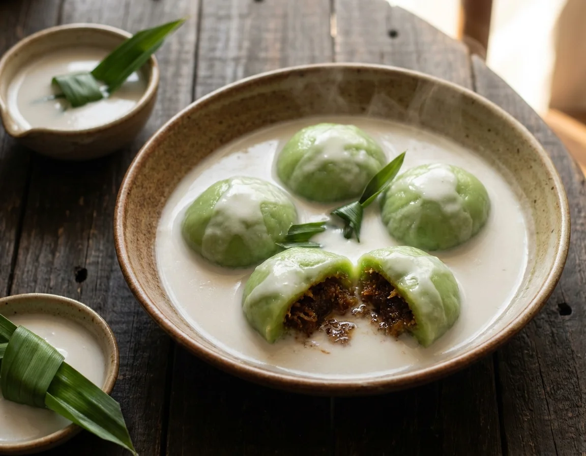 Kuih badak berendam hijau berinti kelapa gula melaka terendam dalam kuah santan putih pekat di dalam mangkuk seramik, dihias daun pandan