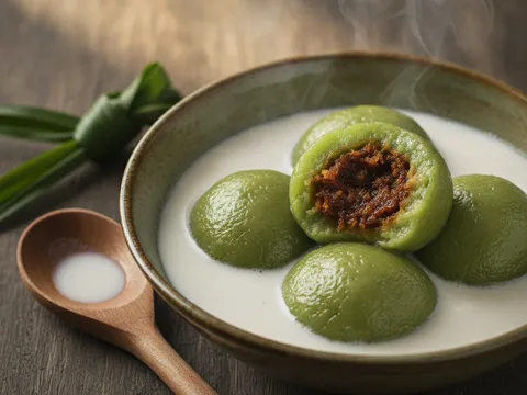 Kuih badak berendam hijau disenduk ke dalam mangkuk berisi kuah santan panas sedia untuk dihidang