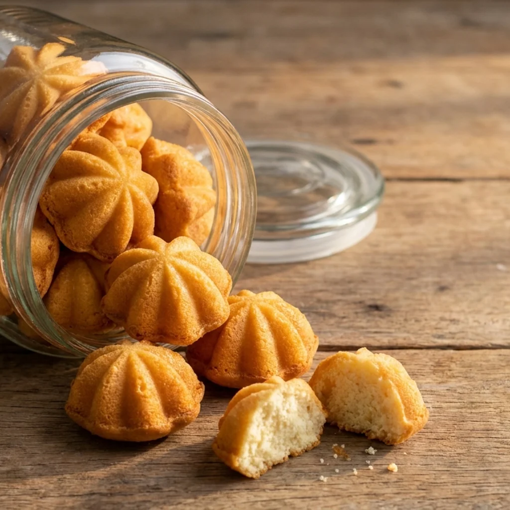 Kuih bahulu berbentuk bunga cermai berwarna keemasan bertimbun dalam balang kaca terbuka di atas meja kayu