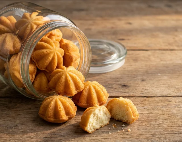 Kuih bahulu berbentuk bunga cermai berwarna keemasan bertimbun dalam balang kaca terbuka di atas meja kayu