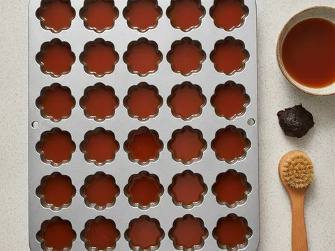 Acuan bahulu berbentuk bunga direndam dengan air asam jawa di dalam lubangnya di atas meja dapur