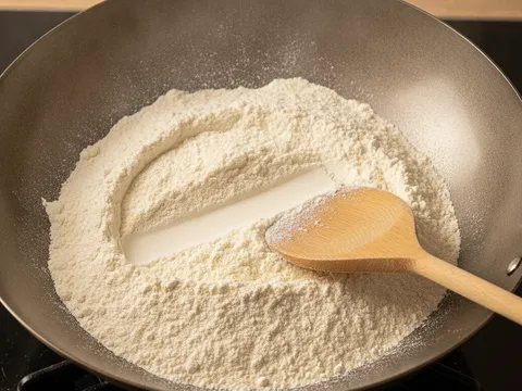 Tepung gandum disangai dalam kuali kering di atas dapur sambil dikacau dengan senduk kayu